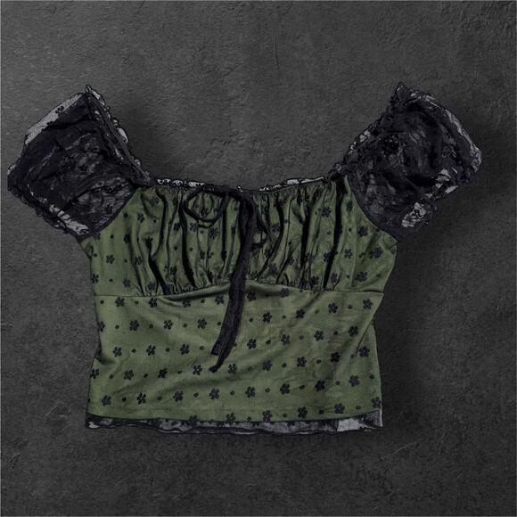 Cider Tops - Lace Mesh Floral Puff Sleeve Women's Crop Top Blouse